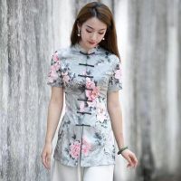 【ในสต็อก】 Cheongsam สตรีขนาดบวกยาวรสเครื่องแต่งกายท็อปส์2022ฤดูร้อนผ้าฝ้ายผสมพิมพ์ผิดปกติประเพณีสไตล์จีน Qipao เสื้อ