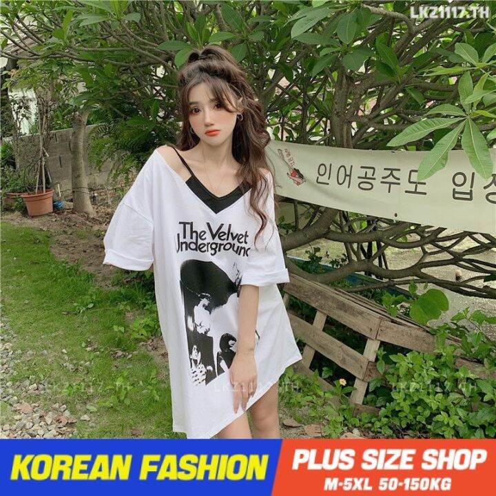 plus-size-เสื้อผ้าสาวอวบ-เสื้อยืดสาวอวบอ้วน-ไซส์ใหญ่-ผู้หญิง-เสื้อยืด-oversize-ทรงหลวม-แขนสั้น-คอวี-พิมพ์-ฤดูร้อน-สไตล์เกาหลีแฟชั่น