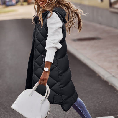 Womens Long Coat Vest Hood Sleeveless Winter Warm Down Coat Pockets Quilted Vest Down Jacket Quilted Puffer Waistcoat Outdoor #