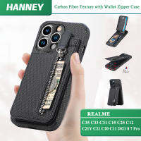 HANNEY สำหรับ Realme C55 C35 C33 C31 C15 C25 C21Y C21 C20 C11 2021 10 9 8 7 6 Pro PU หนังโทรศัพท์กรณีคาร์บอนไฟเบอร์กระเป๋าสตางค์ซิปกระเป๋าแม่เหล็ก Shock Absorption ปลอก SD-XWWLL