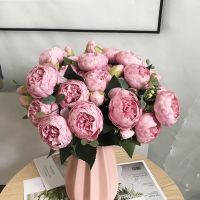 30cm Rose Pink Silk Bouquet Peony Artificial Flowers 5 Big Heads 4 Small Bud Bride Wedding Home Decoration Fake Flowers Faux Artificial Flowers  Plant