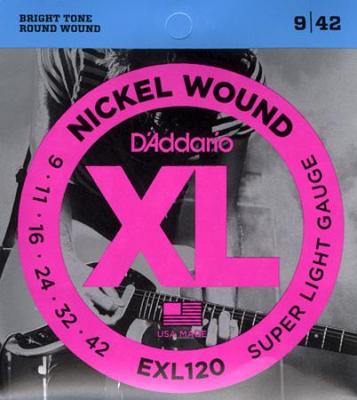 DAddario สายชุดกีตาร์ไฟฟ้า Nickel Wound, SUPER Light GRUGE 9-42 รุ่น EXL120