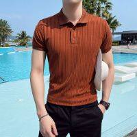 【Ready】? 2023 summer striped knit breathable ice silk t-shirt lapel versatile solid color comfortable short-sleeved polo shirt mens half-sleeved