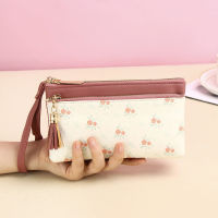 2022 New PU Leather Women Clutches Wallets Fashion Tassel Clutch Bags Three Layer Zipper Purse Flower Prints Lady Cell Phone Bag