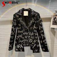 2021 Spring New Full Letters Rhinestone Shiny Long Sleeve Suit Coat Streetwear Womens Black Blazer Jackets