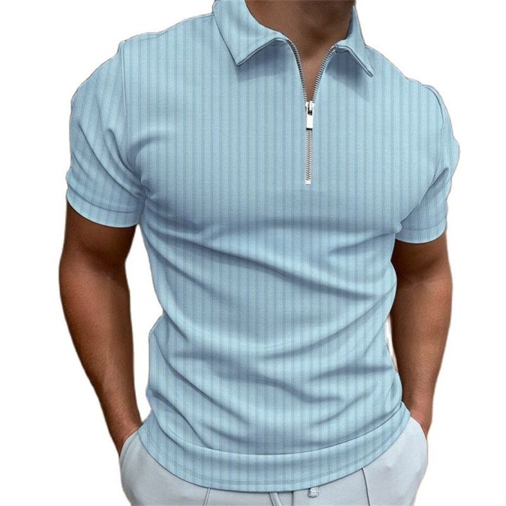 แฟชั่นของผู้ชายเสื้อโปโล2023ฤดูร้อนเสื้อยืดโปโลผู้ชายแบบมีซิปลายทาง-เสื้อยืดสีพื้นแขนสั้นโอเวอร์ไซส์เสื้อลำลองเข้ารูป