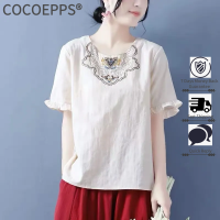 COCOEPPS เสื้อยืดแขนสั้นสำหรับผู้หญิง,เสื้อบางทรงหลวมทำจากผ้าฝ้ายและผ้าลินินสำหรับฤดูร้อนทำจาก2023