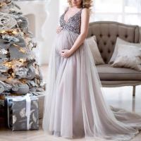 Sexy Maternity Shoot Dress Sequins Tulle Pregnancy Photography Dresses Sleeveless Maxi Gown For Pregnant Women Long Photo Prop