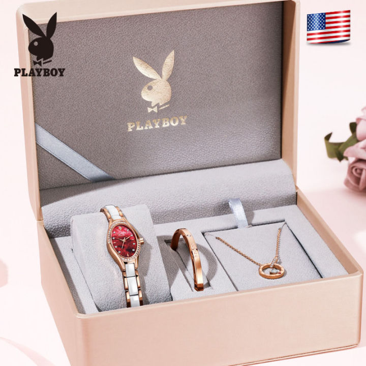 playboy-ฟรีของขวัญสร้อยข้อมือสร้อยคอเซ็ตนาฬิกาสำหรับผู้หญิง-legal-diamond-dial-elegant-temperament-สร้อยข้อมือนาฬิกาข้อมือกันน้ำ
