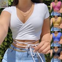 Women Fashion Solid Color Sexy V-neck Crop Tops Slim Fit Summer Short Sleeve Tank Top T Shirts