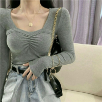 Elegant Square Neck Long Sleeve Slim Fit T-shirt Women Simple Solid Color All Match Spring 2022 Bottomed Tees Korean Chic Tops