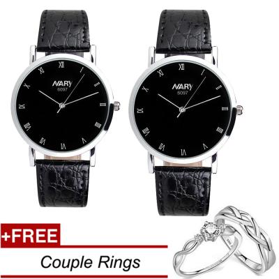 นาฬิกาสำหรับทั้งหญิงและชายสายหนัง PU แฟชั่น Nary Jam Tangan Pasangan พร้อมแหวนคู่ฟรี