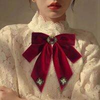 2021 New Women 39;s Bowknot French Retro Crystal Velvet Bow Tie Double Layer Red Brooch Lolita Costume Banquet Accessories