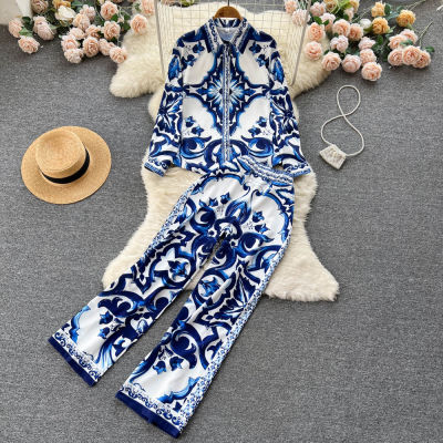 Gorgeous Elegant Fashion Ladies Temperament Womens Suit Printing Loose Long-sleeved Shirt + High Waist Casual Long Pants Trendy Two-piece Set 2022 Autumn New Style