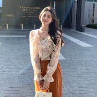 ▧☊ Light and familiar wind ruffled V-neck floral chiffon shirt female niche gentle temperament trumpet long-sleeved shirt Korean super fairy