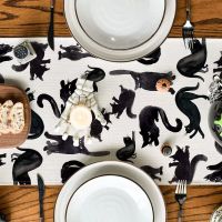 Watercolor Happy Halloween Cats Table Runner Cloth 12X72 Inch Seasonal Holiday Kitchen Dining Coffee Table Decoration Burlap