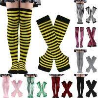 1 Set Women Girls Over Knee Long Stripe Printed Thigh High Cotton Socks Arm Sleeve Gloves Sweet Cute Plus Size Overknee Socks