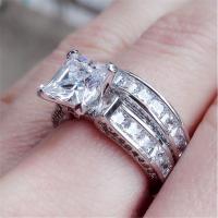 2Pcsset Couple Ring White Sapphire Square Cut Zircon Lovers 925 Silver Engagement Ring Suit