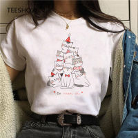 2023 NewChristmas เสื้อยืด Merry Catmas Letter Tshirt ผู้หญิงตลกพิมพ์แมวต้นไม้การ์ตูนน่ารัก T เสื้อแฟชั่นของขวัญ Tops Tee Female