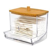 Cotton Swab Box Holder Dispenser with Bamboo Lid Transparent Plastic Toothpick Fruit Forks Storage Dispenser Home Supplies