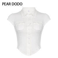 PEAR DODO เสื้อคาร์ดิแกนแขนสั้นกระดุมแถวเดียวกระเป๋าคู่คอปกสไตล์เกาหลีสำหรับผู้หญิง