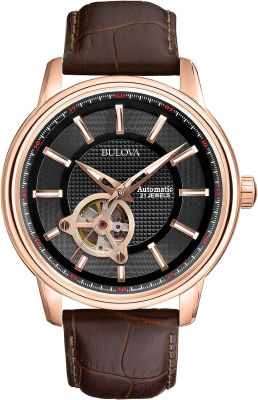 Bulova Classic Automatic Mens Watch with Leather Strap Rose Gold-Tone Brown Leather Strap