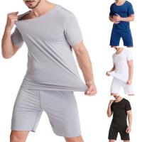 2 Pcs/Set Mens Pajamas Sets Solid Color O Neck Short Sleeve Elastic Summer Men Underwear for Sleeping