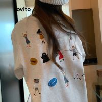 ✶ Lovito เสื้อยืดลำลอง แขนสั้น ปักลายการ์ตูน สำหรับผู้หญิง LNA06194 (สีเทาอ่อน)