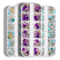 OCEANMAP 12 Gridsbox Nail Rhinestones Shiny Nail Jewelry Nail Art Decoration 3D DIY Heart Metal AB Gems Mixed Designs Crystal Pearl Manicure Accessories