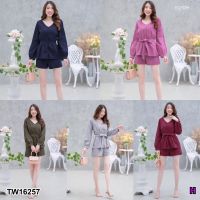 TW16257 Set 2 ชิ้น เสื้อแขนยาว ปลายแขนจั้ม + กางเกงขาสั้น