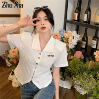 Zhu Xia เสื้อยืดแขนสั้นสำหรับผู้หญิง,เสื้อซิปหน้าตัวสั้นขนาดใหญ่ S-3XL ผู้หญิง