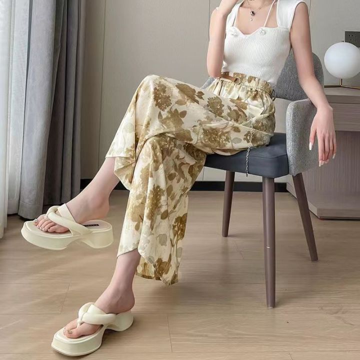 กางเกง-chifoon-สำหรับผู้หญิงกางเกงเอวสูงหลวมทรงเอลายดอกไม้ลำลอง