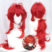 Genshin Impact Diluc Cosplay วิกผมสีแดงยาว60Cm คอสเพลย์อนิเมะคอร์สเพลย์ทนความร้อนได้ฮาโลวีนวิกผมสังเคราะห์