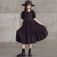 Kids Teen Girls Puff Sleeve Midi Dress 2022 New Summer Children Beach Dress Cotton Clothes Ruffles Black and White,#6301