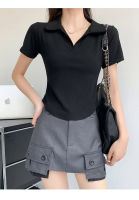 Summer new style slim low v-collar solid color jacket base short outer wear shoulder short-sleeved U-collar t-shirt women white