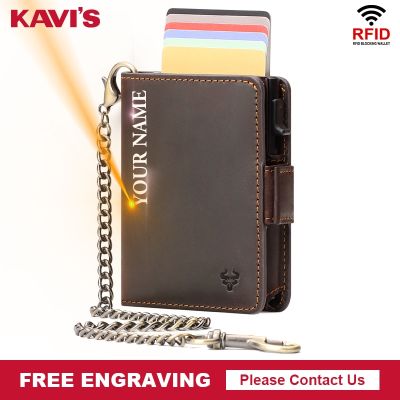 Smart RFID Pop-up Card Holder Genuine Leather Mens Wallet Aluminum Alloy Card Case with Zipper Coin Pocket Free Engraving Card Holders