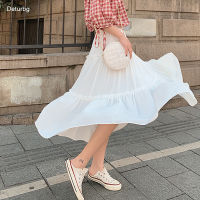 Womens Casual Solid Midi Long Skirts Korean Fashion Female High Waist Chiffon White Flowy Tiered A-Line Skirt 2022 Spring Sk729