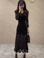 Vintage lace crochet hollow out v-neck fishtail skirt girl fall 2022 niche design feeling thin package hip of tall waist