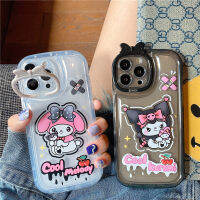 เคสโทรศัพท์มือถือการ์ตูนน่ารักทำนองเพลงของฉัน Kuromi กับที่จับสำหรับ iPhone โทรศัพท์ที่มองไม่เห็น14 Pro Max 14 Plus 13 Pro Max กรอบหลังซิลิโคนแบบนิ่มกันกระแทกสำหรับ iPhone 12 Pro Max 11 Pro Max Max