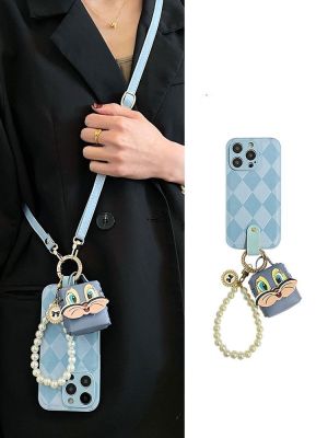 กระเป๋าหูฟัง Rabbit Case สำหรับ iPhone14promax Blue Lattice Case สำหรับ iPhone13pro Premium Leather Case สำหรับ iPhone12Promax Pearl Bracelet Case สำหรับ iPhone11
