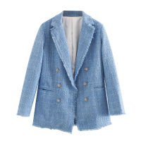 KPYTOMOA Women 2021 Fashion Office Wear Double Breasted Tweed Blazer Coat Vintage Long Sleeve Frayed Female Outerwear Chic Tops