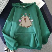 Chubby Cat Its Eating The Flower Aesthetic Hoodie MEN Fashion Anime Graphic Streetwear Sweatshirt Korean Style Four Seasons Top