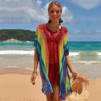 2022 Boho Rainbow Striped Gradient Crochet Bathing Suit Cover-ups Plus Size Women Summer Beach Wear Tops Swimsuit Cover