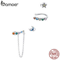 bamoer 4 PCS Silver Earrings Sets Moon and Star Stud Ear Cuff Long Chain Earrings Wedding Statement Jewelry SCE1064