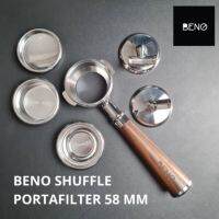 BENO SHUFFLE PORTAFILTER 58 MM ก้านชงกาแฟ Bottomless สำหรับเครื่องชงเอสเพรสโซ่ขนาด E61 แบบ 2 หู ขนาดมาตรฐาน ด้ามไม้สัก/ไม้จันทร์/พลาสติก จับถนัดกระชับมือ ถอดล้างทำความสะอาดได้ (อุปกรณ์ครบ single shot + double shot + blind brewing basket + 1 flow + 2 flow)