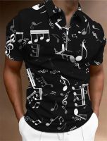 【CC】▣✻  Men Zip Polo Mens Prints Music Notes Short Sleeves Print Clothing Apparel Fashion