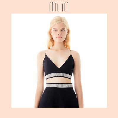 [MILIN] Deep v-neck bra top with crystal rhinestones hem เสื้อสายเดียว คอวี ทรงครอปท็อป ประดับแถบคริสตัล สีดำ/สีขาว Kuai Le Top Black/White