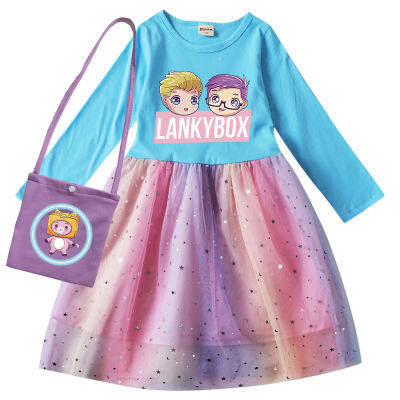 Lankybox ชุดเดรสเสื้อผ้าชุดเดรสสำหรับเด็กผ้าตาข่ายสำหรับเด็กผู้หญิงชุดเดรสแขนยาวเด็กผู้หญิงลายการ์ตูนผ้าคอตตอน100% 0000 2-9ปีแฟชั่นฤดูร้อน