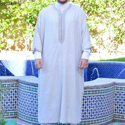 เสื้อคลุมอาบายามุสลิมแขนยาว2023ใหม่สำหรับผู้ชาย Eid Mubarak อิสลาม Kameez Thobe ชุดคลุมมุสลิมปักสไตล์เดรสซาอุดิสำหรับผู้ชาย