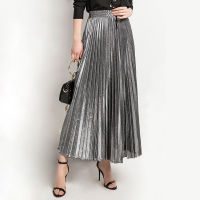 2022 Spring Metallic Pleated Maxi Skirt High Waist Harajuku Large Swing Gold Long Skirts For Women XXL Saias